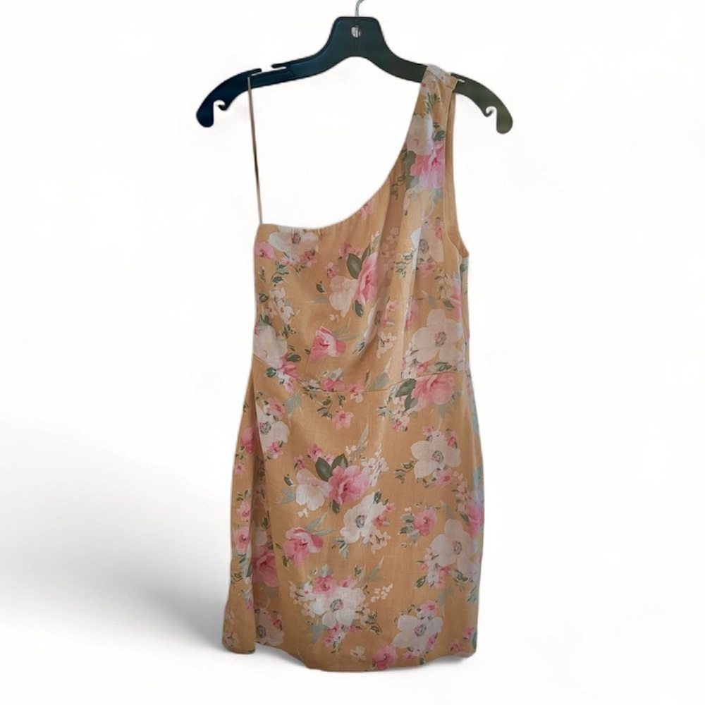Abercrombie & Fitch Floral One-Shoulder Dress in Tan